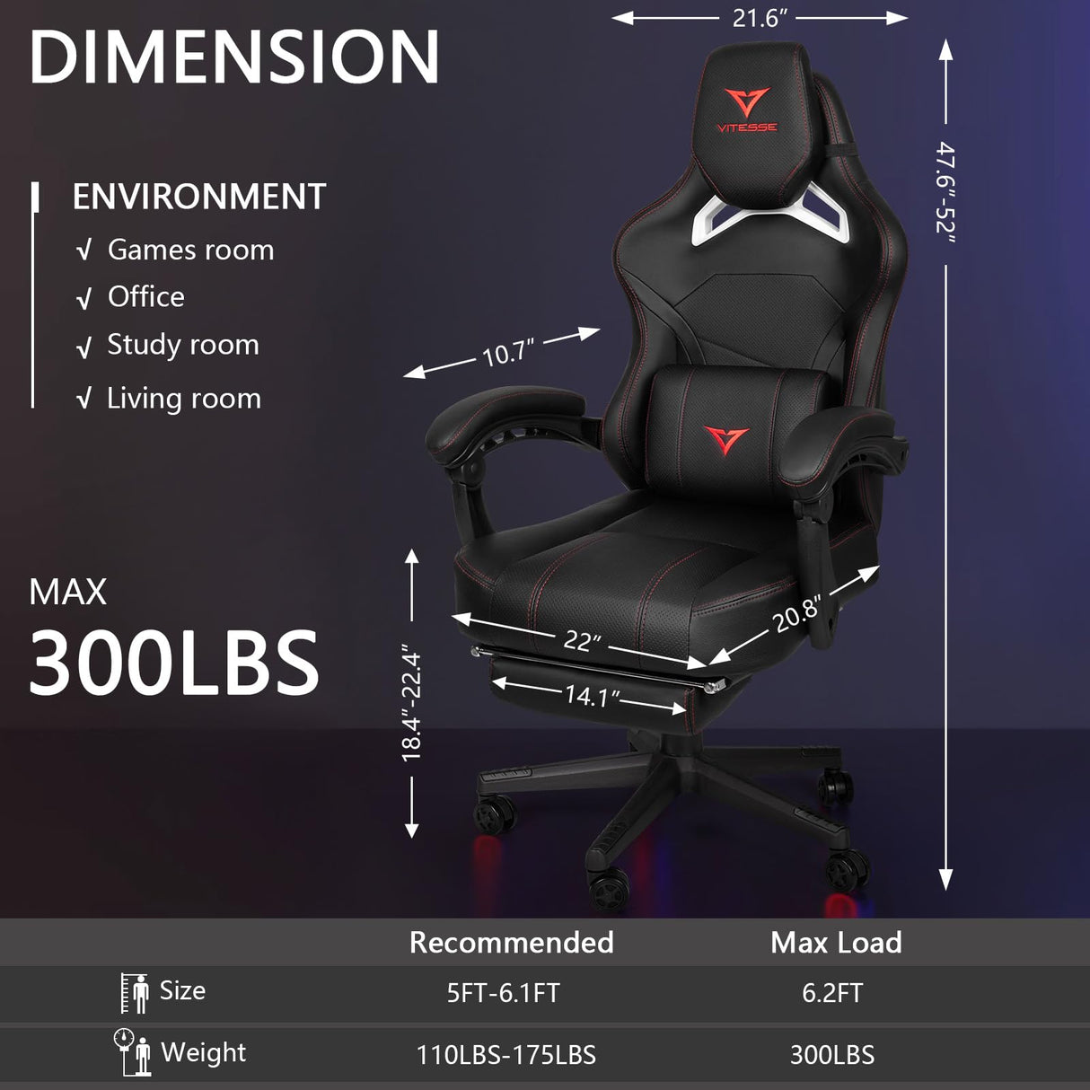 Waleaf Big and Tall Gaming Chair for Adults with Footrest, 400lbs Weight Capacity Video Game Chairs for Office, Ergonomic Computer Gaming Chair with Lumbar Support and Headrest (Red) Waleaf