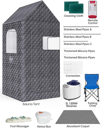 Portable Sauna Box for Home, XL Personal Steam Sauna Tent at Home Spa, Large Indoor Sauna Relaxation Room with 3L & 1200W Steamer, Remote Control, Chair, Mat, Foot Massager (6.4Ft*3Ft*3Ft, Dark Gray)