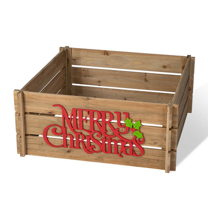 Glitzhome 27" L Wooden Crate Tree Collar, Natural Wooden Merry Christmas Christmas Tree Base Cover Farmhouse Tree Box Decorative Christmas Tree Skirt - WoodArtSupply