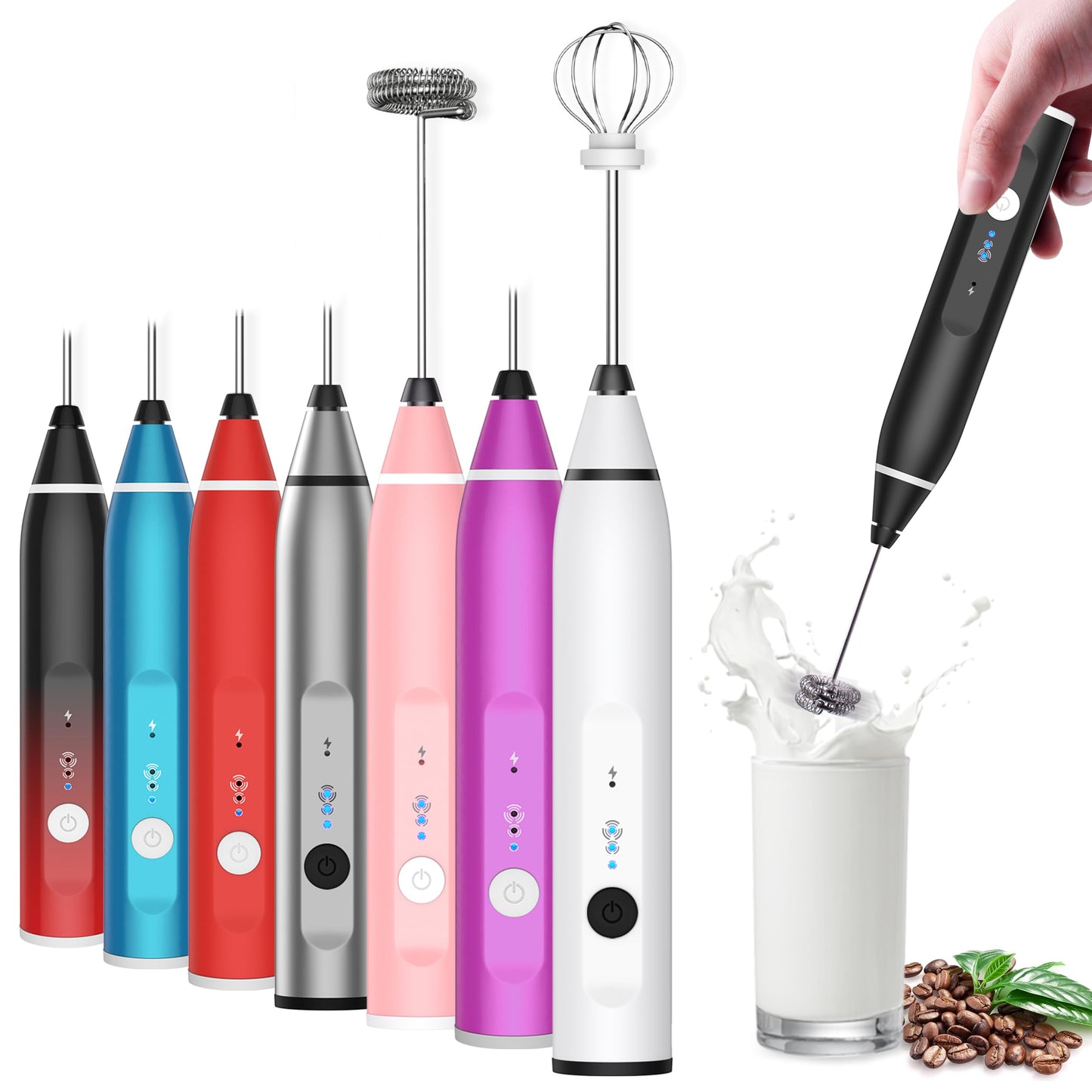 Milk Frother Rechargeable Handheld Electric Whisk Coffee Frother Mixer with 2 Stainless whisks 3 Speed Adjustable Foam Maker Blender for Coffee Matcha Latte Cappuccino Hot Chocolate（Black）