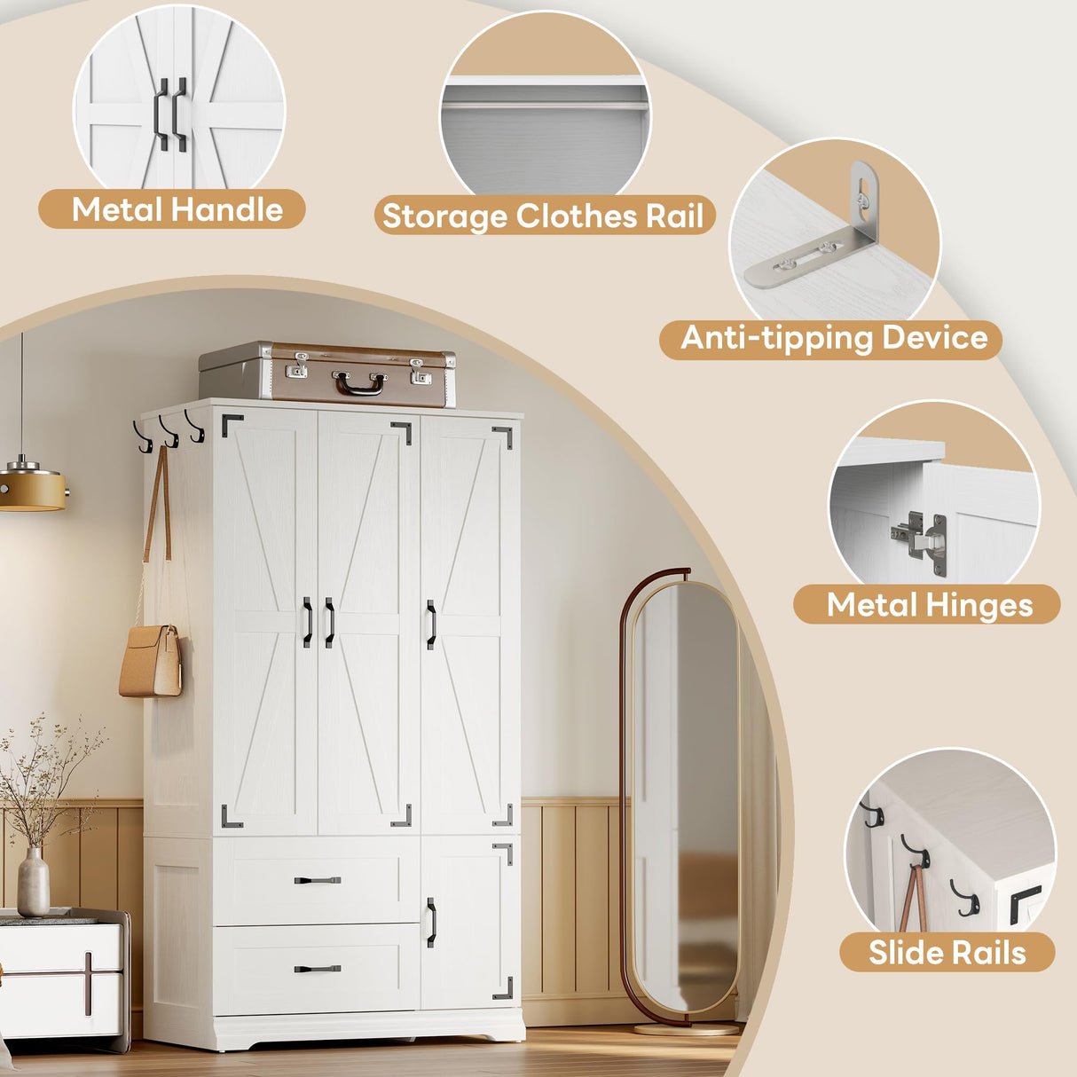 LIKIMIO Armoire Wardrobe Closet 71" H, Bedroom Wooden Wardrobe with 4 Doors and 2 Drawers, Farmhouse Clothing Storage Cabinet Combination with Hanging Rod, Shelves, and Hooks, White LIKIMIO