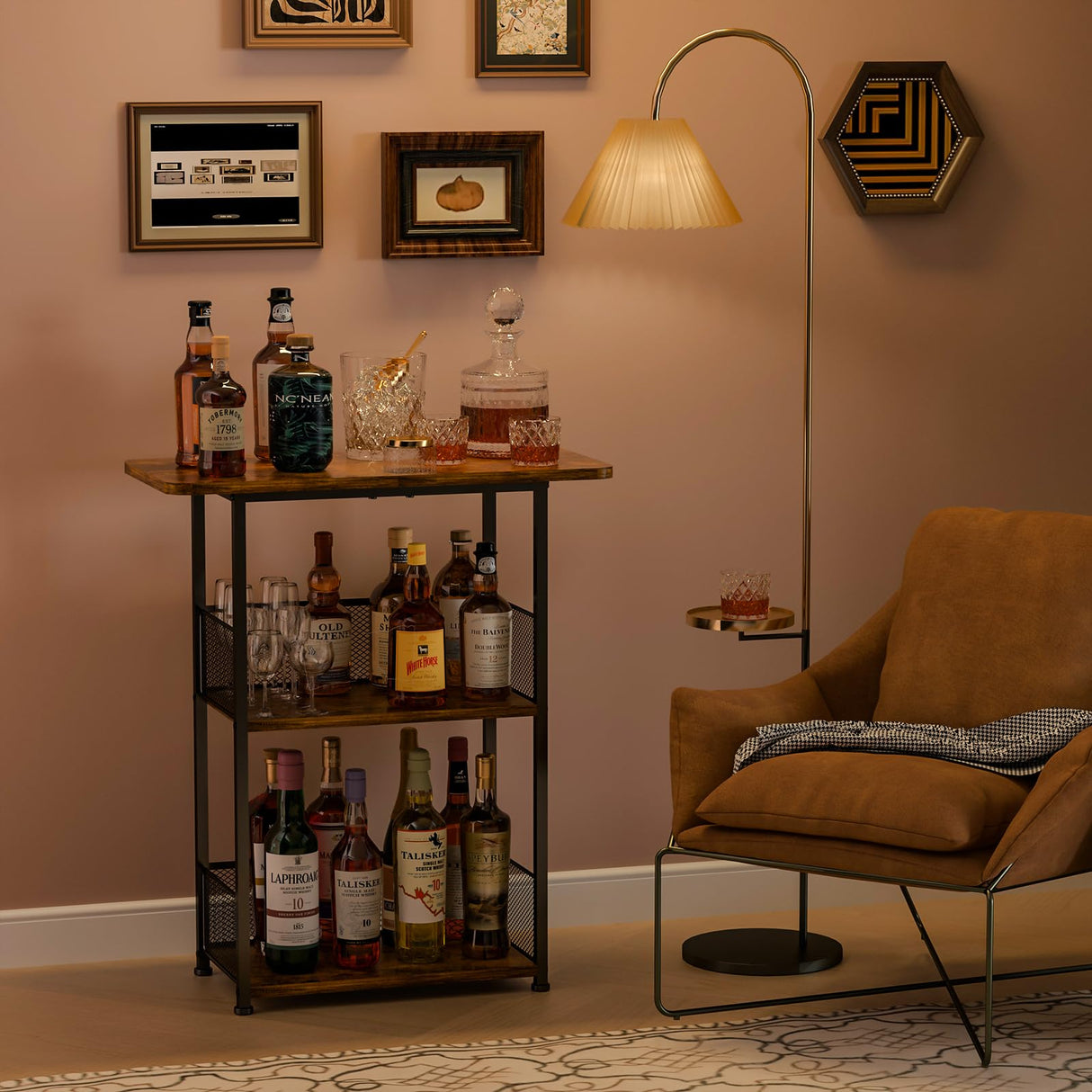 Eyteenokk Floor Standing Freestanding Whiskey Rack: 3 Tier Wine Rack Mini Bar Table Corner Wine Bottle Display Stand Liquor Cabinet Bar, for Bottles,Cocktail Shaker,Mugs Eyteenokk
