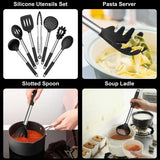 E-far Silicone Cooking Utensils Set, 7 Pcs Heat Resistant Kitchen Utensils with Stainless Steel Handle, Slotted Turner, Spoon, Soup Ladle, Pasta Server, Skimmer, Tongs for Nonstick Cookware, Black E-far