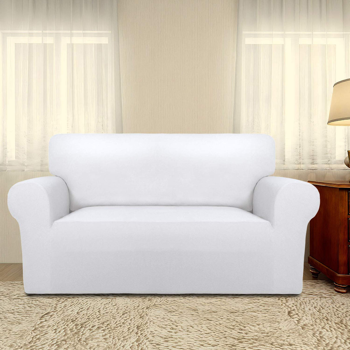 PureFit Super Stretch Sofa Slipcover – Spandex Non Slip Soft Couch Sofa Cover, Washable Furniture Protector with Non Skid Foam and Elastic Bottom for Kids, Pets （Loveseat, White PureFit