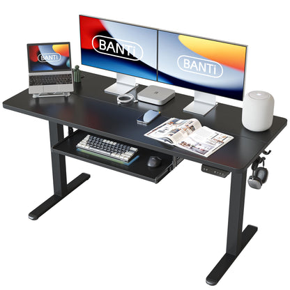 BANTI 55" x 24" Height Adjustable Electric Standing Desk with Keyboard Tray, Sit Stand up Desk with Splice Board, Black Frame/Black Top - WoodArtSupply