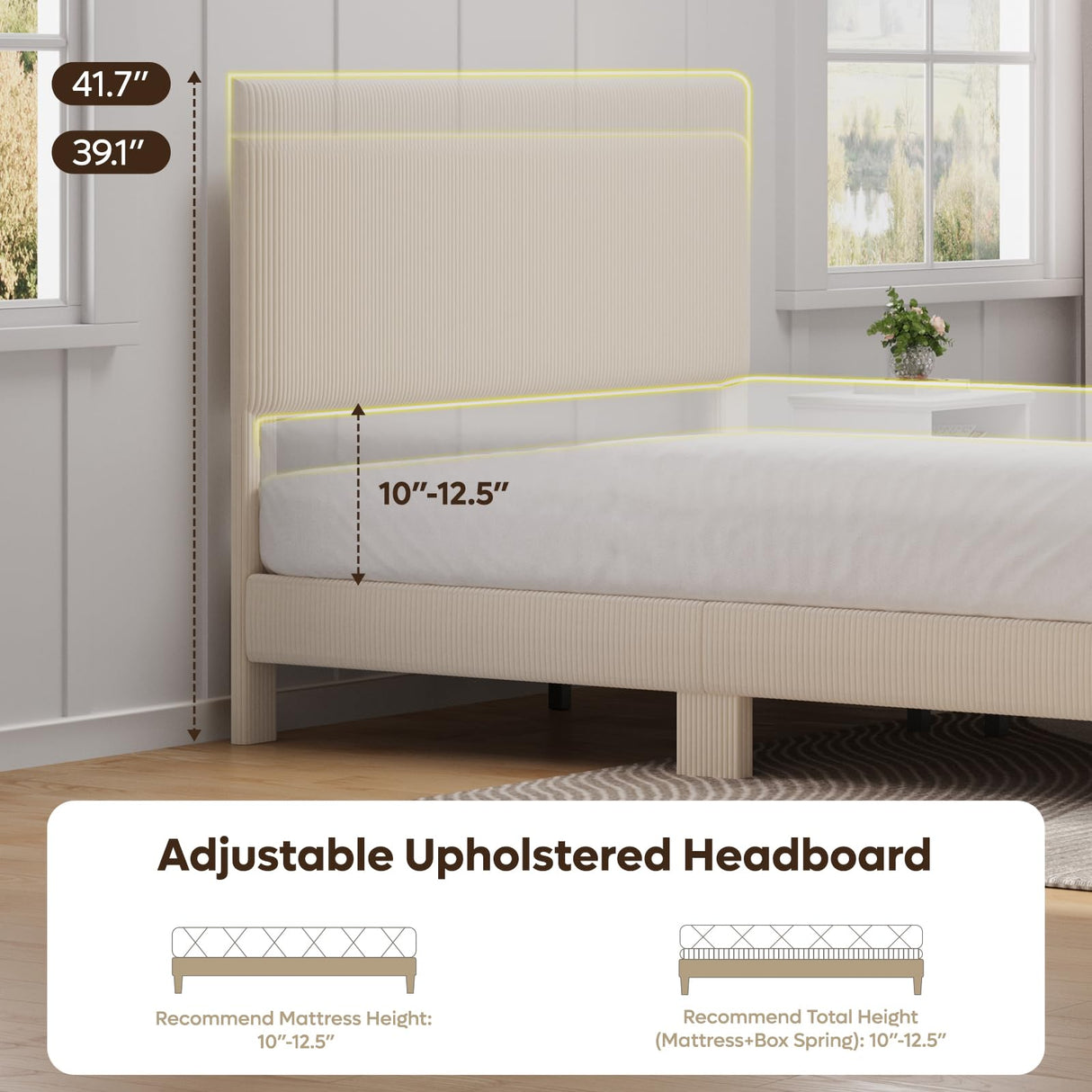 Bestier Queen Bed Frame with Adjustable Headboard, LED Lighting, Vertical Channel Tufted Corduroy Upholstered, Solid Wooden Slats Support, No Box Spring Needed, Never Squeaks, Easy Assembly, Beige Bestier