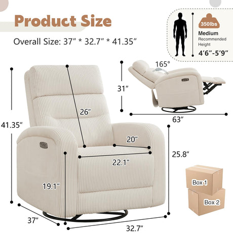 AEMEIOS Power Nursery Swivel Recliner, Electric Rocking Recliner with USB and Type-C Port, Swivel Glider Nursery Recliners for Living Room,Corduroy White AEMEIOS