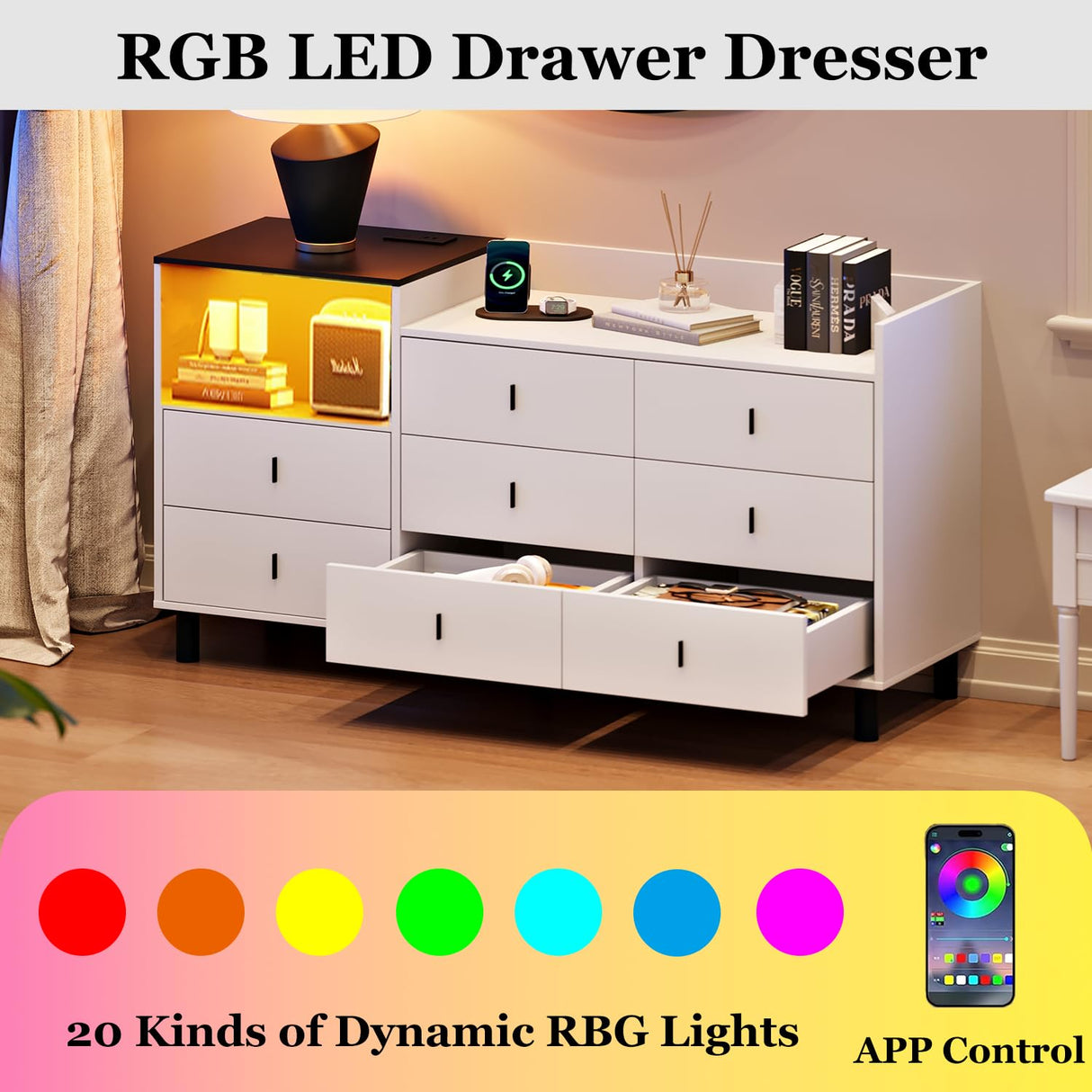 Viplive Dresser, White Dresser for Bedroom, 52 Inch Long Dresser with LED Light, Large Dressers for Bedroom, Modern Wood Dresser & Chests of Drawers, 8 Drawers Dresser for Women Girls Viplive