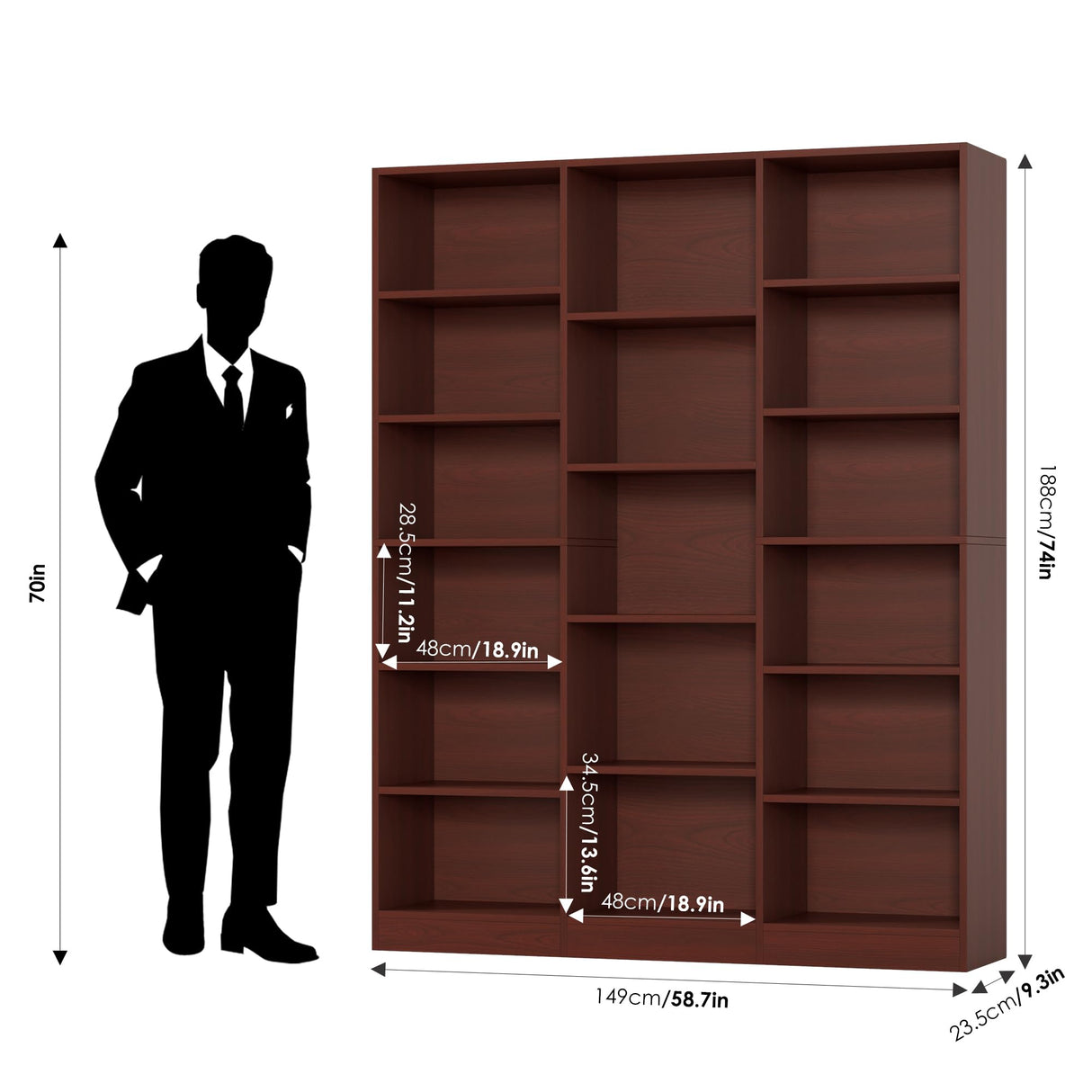 FACBOTALL Triple Wide Bookshelf, 6 Tier Large Bookshelf, Bookcase with 17 Open Display Shelves, 74'' Tall Bookcases and Bookshelves for Living Room, Home Office, Library, Cherry FACBOTALL