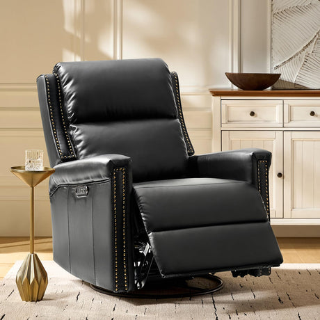 HULALA HOME Leather Power Recliner, Swivel Rocker Recliner Chair with Charging Ports, Traditional Comfy Reclining Chair with Adjustable Backrest & Footrest, Black HULALA HOME