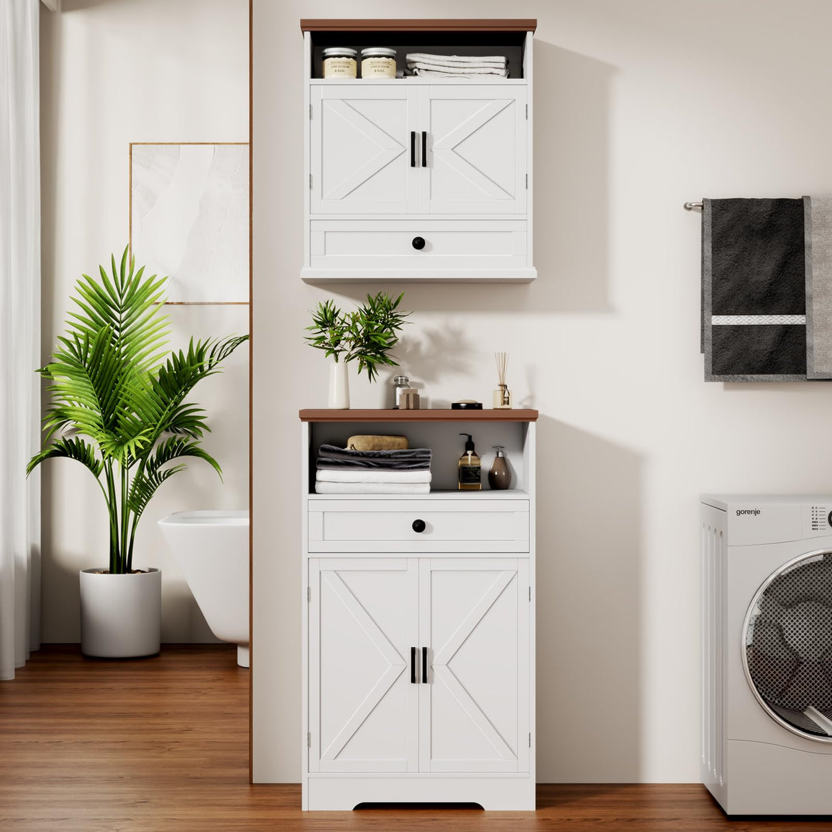 Viroformo White Floor Cabinet, Farmhouse Storage Cabinet with Barn Doors and Drawer, Freestanding Adjustable Shelf Cabinets for Bathroom, Kitchen, Living Room Viroformo