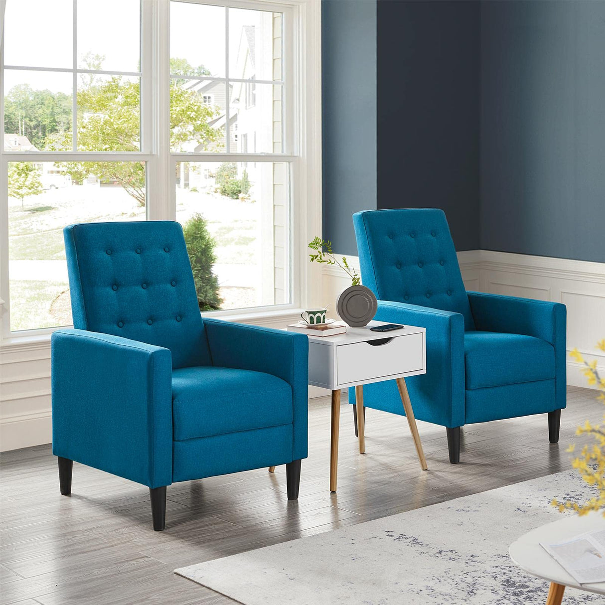 Topeakmart Mid-Century Modern Fabric Recliner Modern Tufted Reclining Single Sofa for Living Room Padded Cushion Home Theater Seat Blue Topeakmart