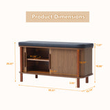 QEIUZON Shoe Bench, Entryway Shoe Cabinet with Leather Cushion and Sliding Door, Modern Shoe Storage Organizer for Living Room, Hallway (Walnut) QEIUZON