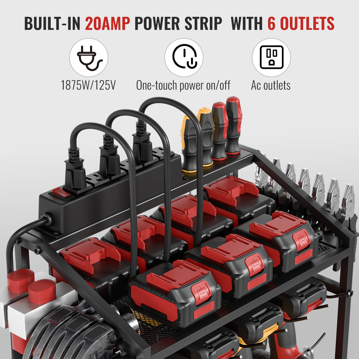 Power Tool Organizer Cart with Charging Station, Garage Floor Standing Rolling Drill and Tools Battery Storage Cart on Wheels, Rolling Tool Cart with 6 Outlet Power Strip FULOOPHI