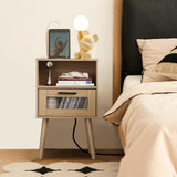 23inch Nightstand with Charging Station,2 AC outlets and 2 USB Ports, Mid Century Modern Nightstand, Bedside Tables for Bedroom, Natural Wood Side Table with Storage Drawer(Wood-1PCS) i-VTIES