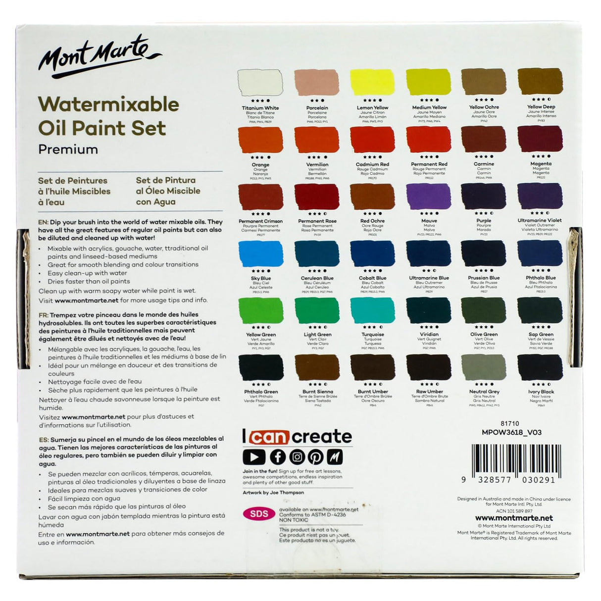 Mont Marte Premium H2O Water Mixable Oil Paint Set, 36 Piece, 18ml Tubes. Mixable with a Range of Mediums. Easily Washes Up with Water. Mont Marte