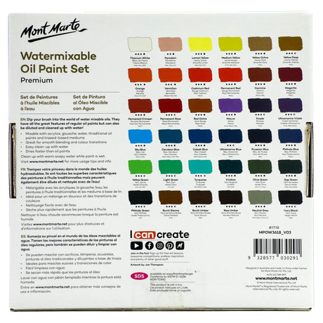Mont Marte Premium H2O Water Mixable Oil Paint Set, 36 Piece, 18ml Tubes. Mixable with a Range of Mediums. Easily Washes Up with Water. Mont Marte