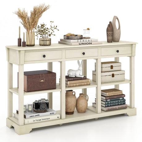Giantex Console Table with Storage, 58” Long Sofa Table with 3 Drawers & Open Shelves, Solid Wood Legs, Narrow Entryway Table, Vintage Behind Couch Table for Living Room Hallway, Entry Table, Beige Giantex
