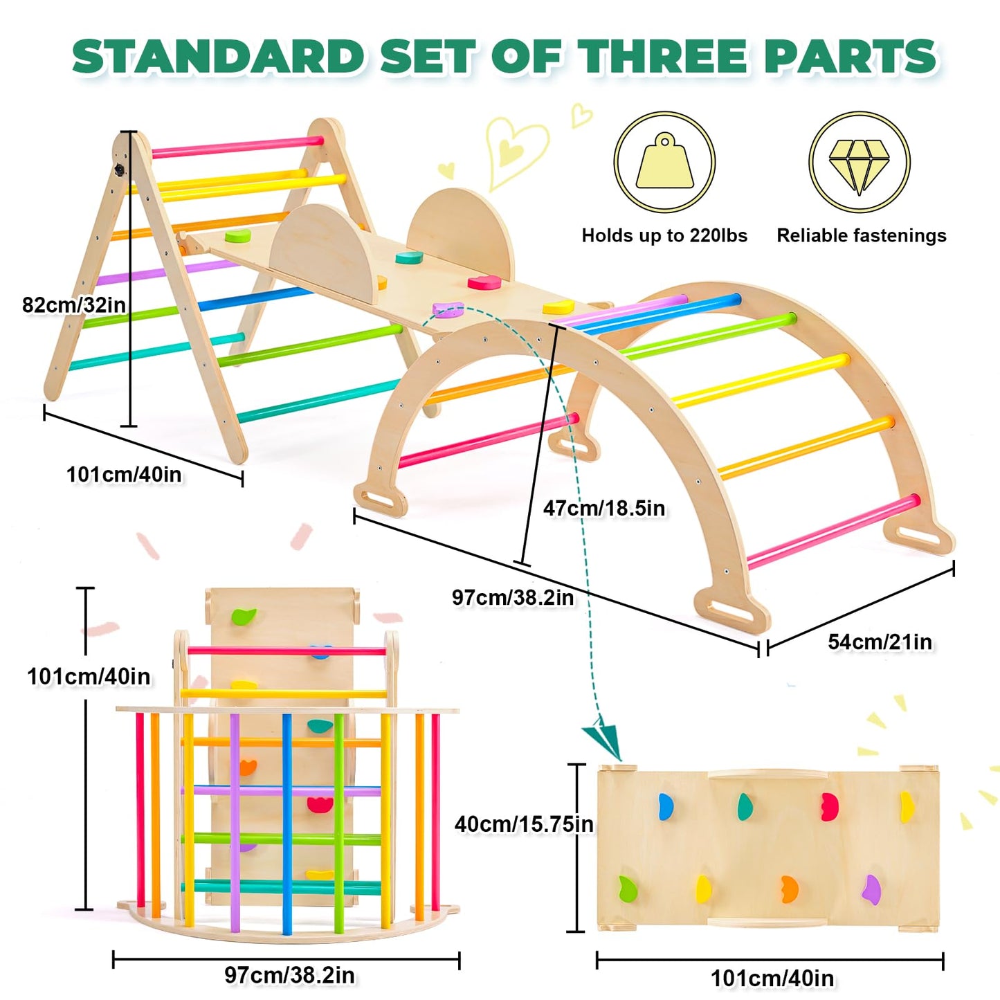 7-in-1 Rainbow Pikler Triangle Set, Montessori Foldable Large Size Baby Climbing Toys Indoor Gym for Toddlers 1-3 Wooden Climbing Set, Adjustable Height Pikler Triangle, Kids Toys with Ramp Sliding