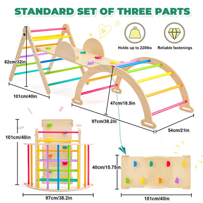 7-in-1 Rainbow Pikler Triangle Set, Montessori Foldable Large Size Baby Climbing Toys Indoor Gym for Toddlers 1-3 Wooden Climbing Set, Adjustable Height Pikler Triangle, Kids Toys with Ramp Sliding