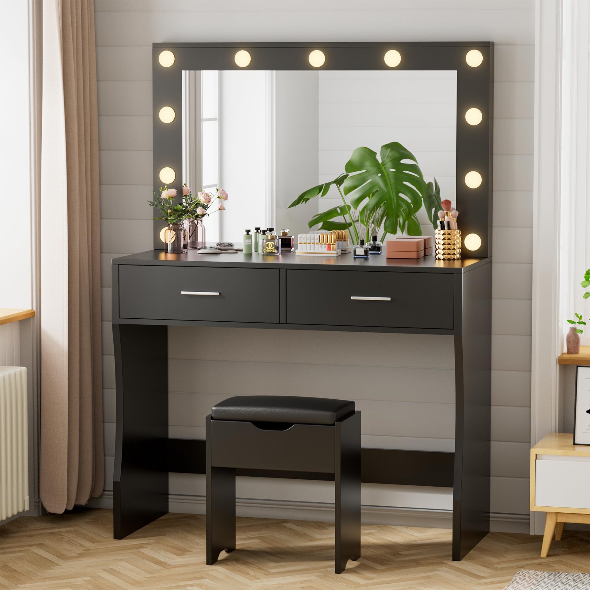 YESHOMY Vanity Desk with Mirror, Makeup Table with 11 Adjustable LED Lights and 2 Spacious Drawers, Soft-Padded Storage Stool, 3 Lighting Modes with Control, for Bedroom, Black - WoodArtSupply