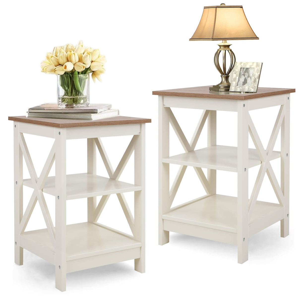 PHI VILLA End Table Living Room Set of 2 - Side Table for Small Spaces Farmhouse Bedside Table, Bedroom Nightstands Set White PHI VILLA