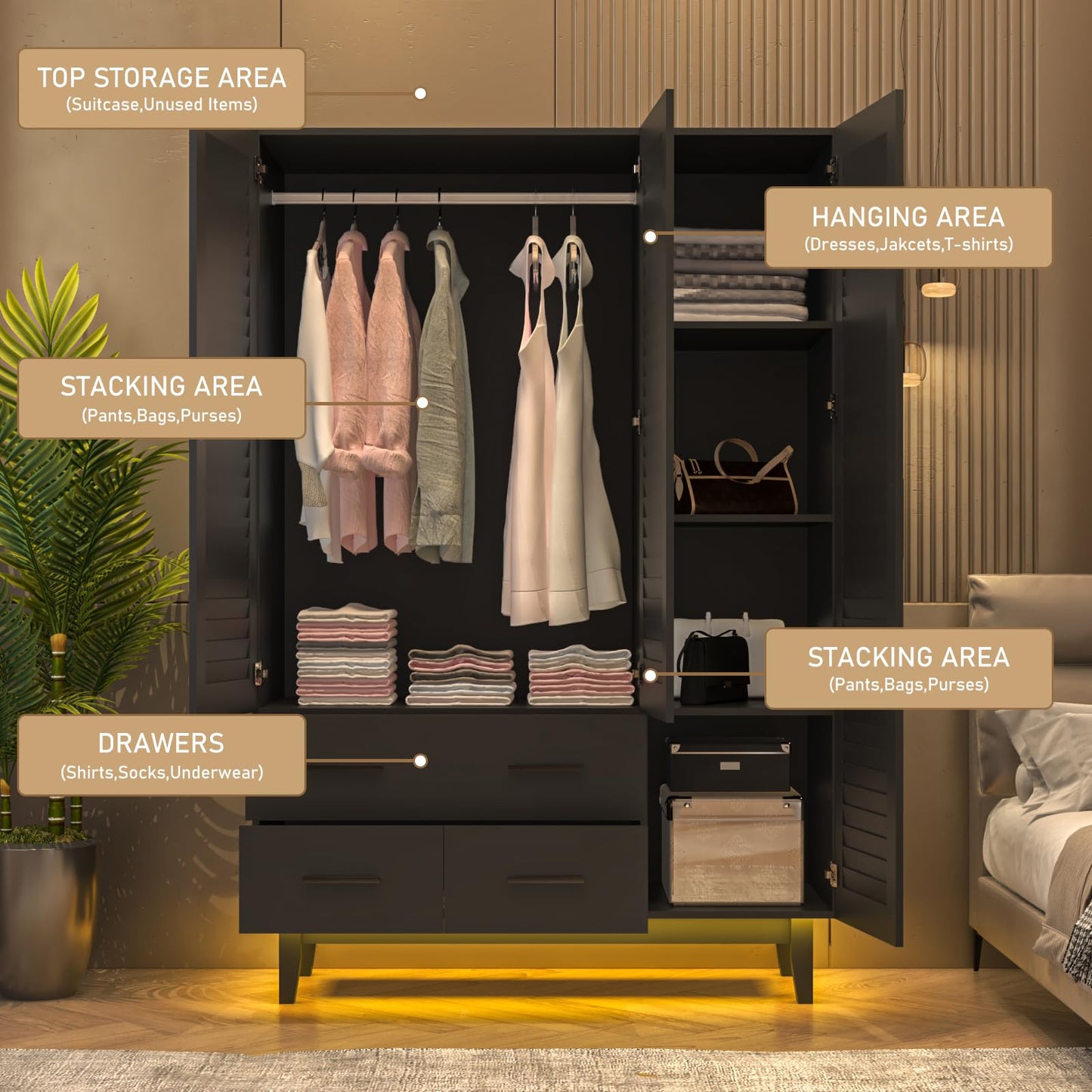 Hlivelood 3 Door Armoire Wardrobe Closet Cabinet with Drawers and LED Lights, Multi-Tier Shelves, Hanging Rod & 3 Louver Doors, Large Capacity Storage Wardrobe Armoire for Bedroom, Black - WoodArtSupply