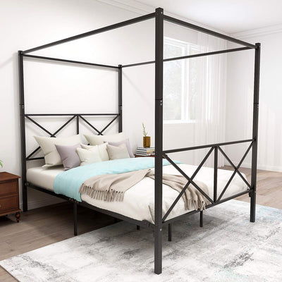 Metal Canopy Bed Frame Metal 4 Posters 14 Inch Platform with Built-in Headboard Strong Metal Slat Mattress Support, No Box Spring Needed, Black, Queen