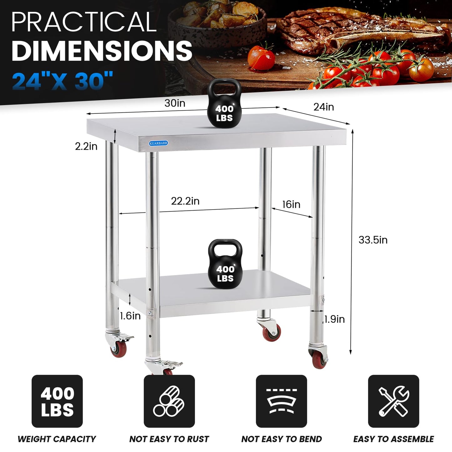 KUARBARR Stainless Steel Table for Prep & Work with 4 Caster Wheels with Adjustable Undershelf 24 x 30 NSF Metal Commercial Kitchen Worktable for Restaurant Home Outdoor - WoodArtSupply