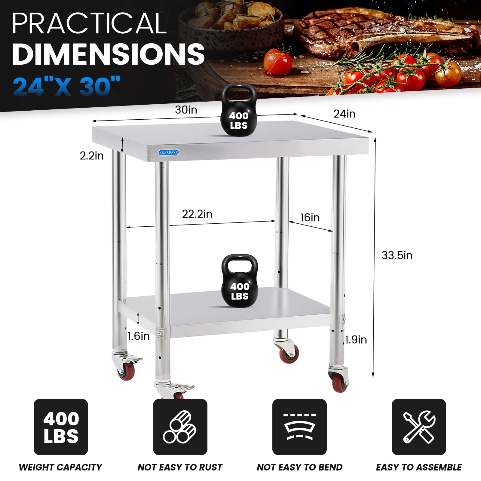 KUARBARR Stainless Steel Table for Prep & Work with 4 Caster Wheels with Adjustable Undershelf 24 x 30 NSF Metal Commercial Kitchen Worktable for Restaurant Home Outdoor - WoodArtSupply