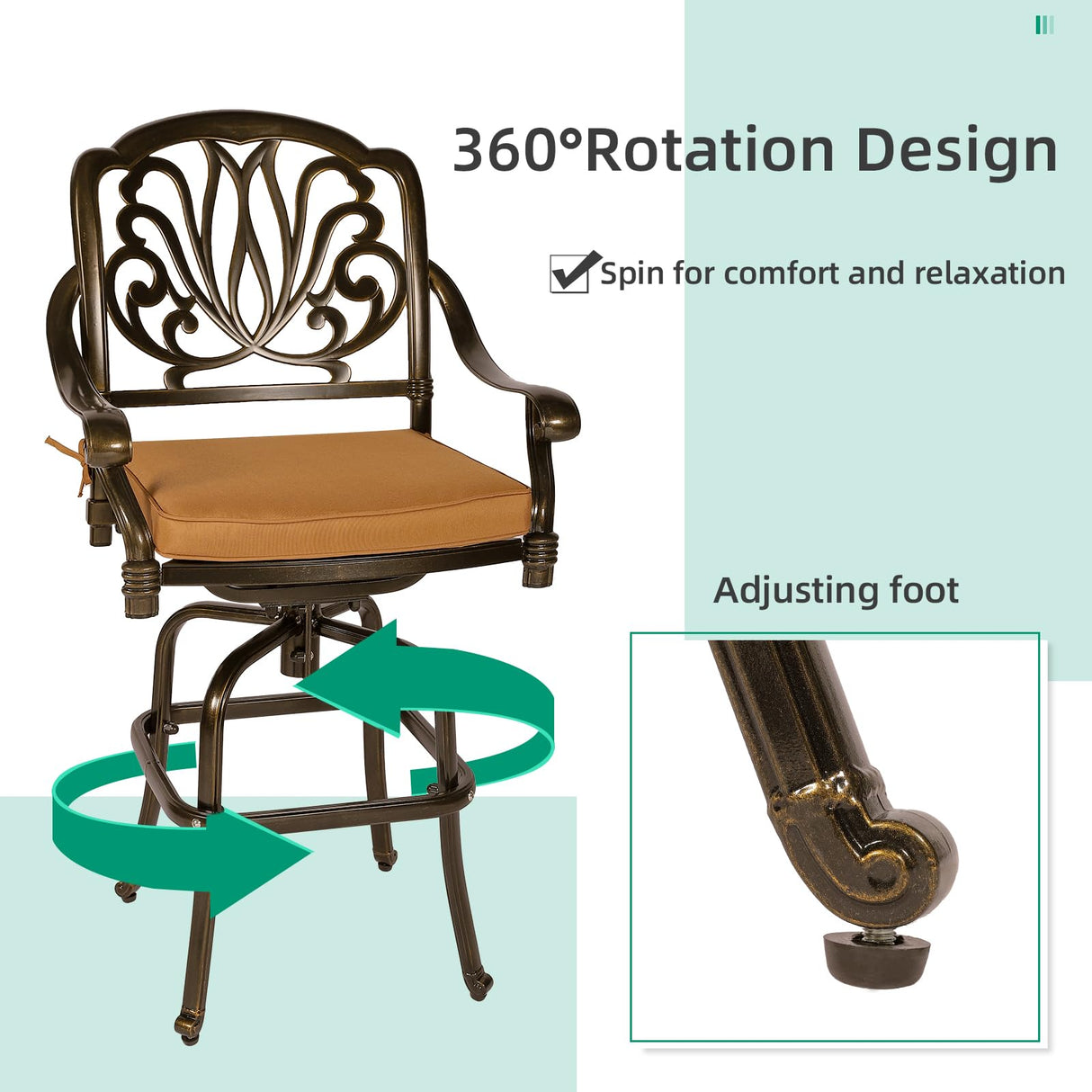 VIVIJASON 5-Piece Bar Height Patio Dining Set, All Weather Cast Aluminum Outdoor Table and Chairs Set with 4 Swivel Bar Stools, Cushions & 35.4" High Bar Table w/Umbrella Hole for Deck, Lawn, Garden VIVIJASON