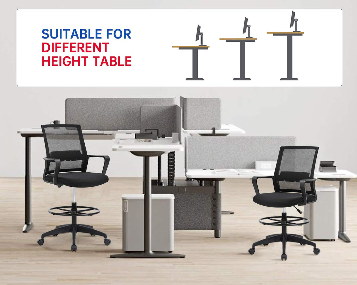 Drafting Chair Tall Office Chair Adjustable Height with Lumbar Support Arms Footrest Mid Back Desk Chair Swivel Rolling Mesh Computer Chair for Adults Standing Desk Drafting Stool(Black) BestOffice