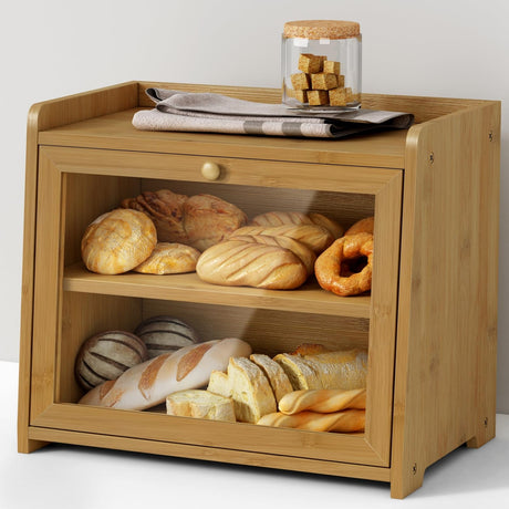Goozii Bamboo Bread Box for Kitchen Countertop, Wooden Kitchen Counter Organizers and Storage for Bread, Coffee, Spices, Snacks, Wood Vintage Breadbox Container for Cabinet, Bedroom, Bathroom Goozii