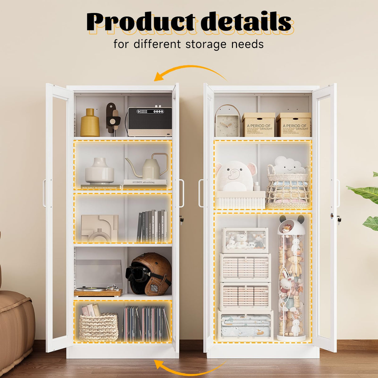 Metal Storage Cabinet with Lock and Glass Doors,Glass Display Cabinet,67" Tall White Storage Cabinets,Locking Curio Cabinets with 5 Shelves for Collectibles,Home,Office,Living Room SISESOL