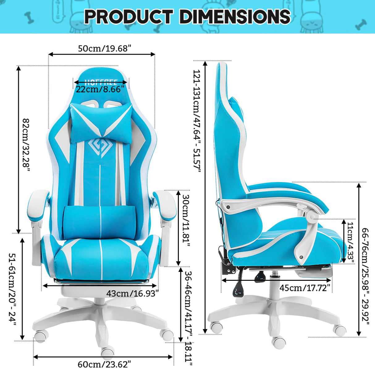 Gaming Chair with LED RGB Lights with Massage and Footrest Ergonomic Computer Chair High Back Video Game Chair with Adjustable Lumbar Support Linkage Armrest White and Blue HOFFREE