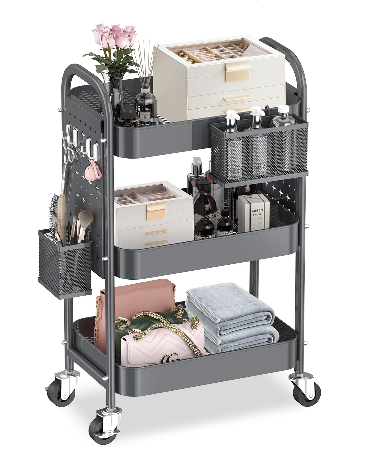 ALVOROG 3 Tier Rolling Cart with DIY Pegboards Metal Utility Cart with Wheels Handles Baskets Hooks, Storage Cart for Office Kitchen Bathroom(Gray) ALVOROG