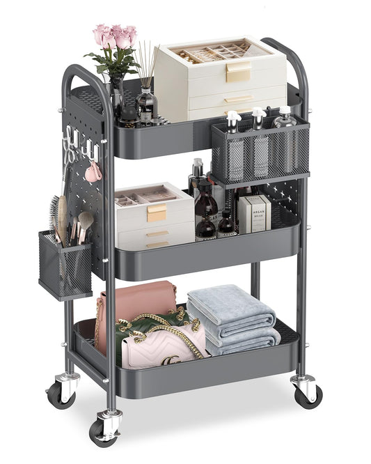 ALVOROG 3 Tier Rolling Cart with DIY Pegboards Metal Utility Cart with Wheels Handles Baskets Hooks, Storage Cart for Office Kitchen Bathroom(Gray)