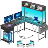 Yoobure L Shaped Desk Gaming Desk with LED Strip & Power Outlet, Reversible L-Shaped Computer Desk with Storage Shelf & Drawer, Corner Desk with Storage Bag, 2 Person Home Office Desk, Gray Yoobure