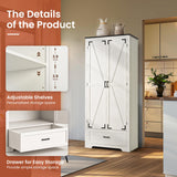 Pamapic 71" Tall Kitchen Pantry Cabinet,Farmhouse Kitchen Pantry,Large Wooden Storage Cabinet with Drawers & Shelves,Wood Kitchen Storage Cabinets with 2 Barn Doors for Kitchen, Dining Room,White Pamapic