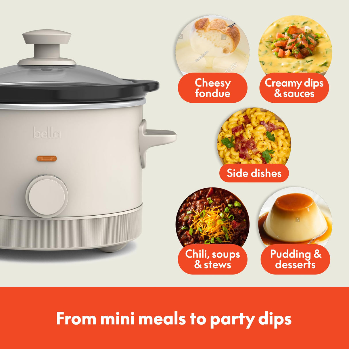 bella 1.5 Qt Slow Cooker with 3 Heat Manual Control, EverGood™ Ceramic Nonstick Coating, Dishwasher Safe Stoneware Pot and Tempered Glass Lid, Tangle Free Cord Wrap & Cool Touch Handles, Oatmilk BELLA