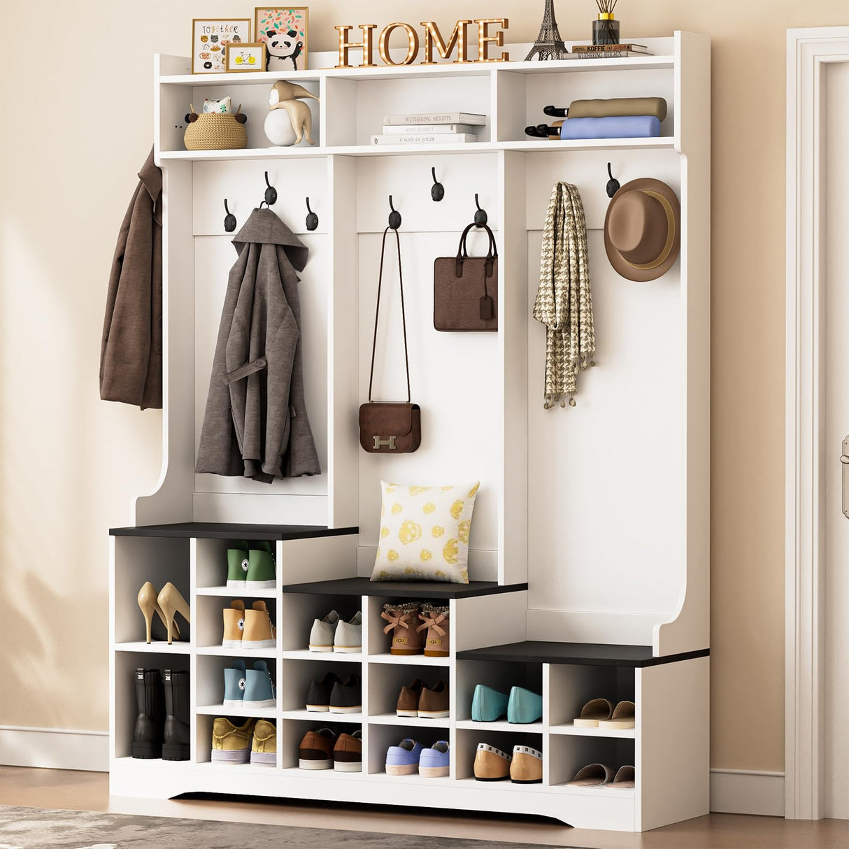 77" Hall Tree with Shoe Storage and Coat Rack, Farmhouse Entryway Bench, 16 Shoe Cubbies & 10 Coat Hooks, 15.8"D x 59"W x 77"H, Freestanding Entrance Storage Cabinet for Entryway Hallway, White Yeyawomy