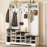 77" Hall Tree with Shoe Storage and Coat Rack, Farmhouse Entryway Bench, 16 Shoe Cubbies & 10 Coat Hooks, 15.8"D x 59"W x 77"H, Freestanding Entrance Storage Cabinet for Entryway Hallway, White Yeyawomy