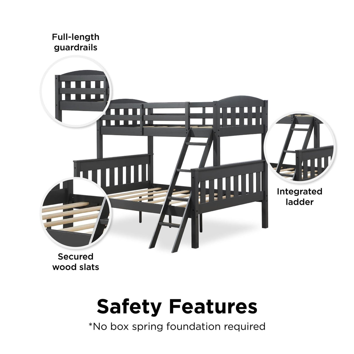 DHP Airlie Convertible Wood Bunk Bed, Stackable and Detachable Bed Frames for Kids and Teens, with Angled Ladder, High Guardrail, Wood Slats, No Boxspring Required, Twin-Over-Full, Slate Gray DHP