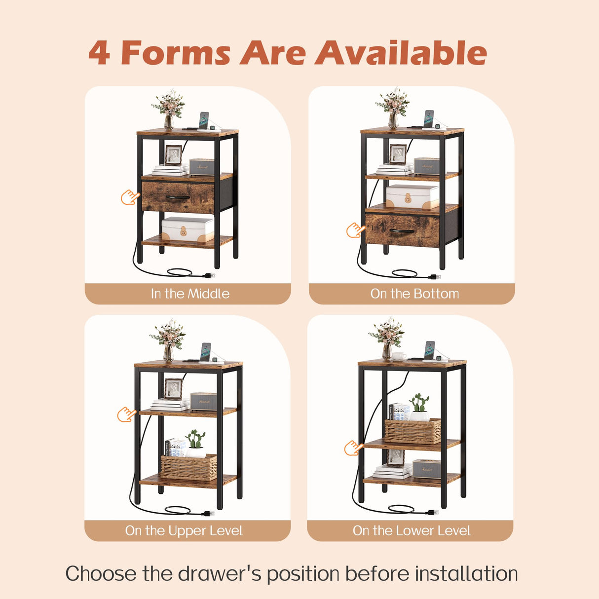 SUPERJARE Nightstand with Charging Station, Bed Side Table with Adjustable Fabric Drawer, Night Stand for Bedroom, 3-Tier Storage End Table, for Living Room, Rustic Brown SUPERJARE