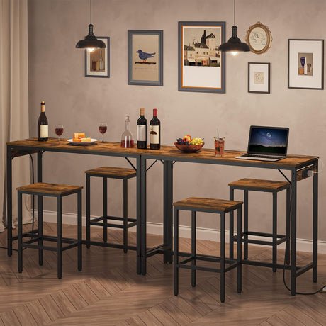 HOOBRO Bar Table and Chairs Set, 47.2" Dining Table Set with Power Outlet, 3-Piece Pub Table Set, Kitchen Bar Height Table with Stools of 2, Space Saving for Living Room, Rustic Brown BF46UBT01 HOOBRO