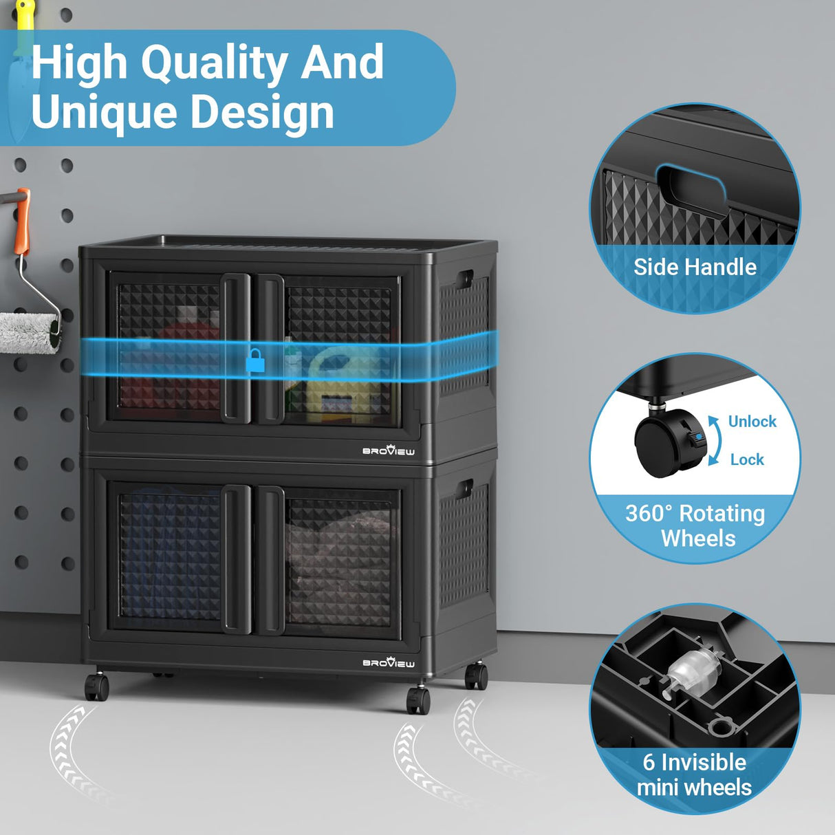 BROVIEW 240Qt Stackable Storage Bins with Lids, 60Gal Plastic Collapsible Storage Bins with Doors and Wheels, Closet Organizers and Storage, Black Folding Storage Cabinet for Home Garage, 3 Pack Cube BROVIEW