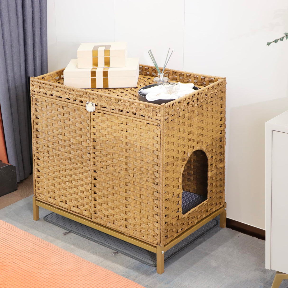 KUREEISE Cat Litter Box Enclosure; Cat Litter Box Enclosure Furniture with Cat Litter Mat;Handwoven Rattan Cat House with Metal Heightened Feet;30.3×18.3×28 Inches;Living Room, Bedroom-Natural KUREEISE