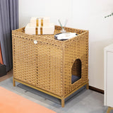 KUREEISE Cat Litter Box Enclosure; Cat Litter Box Enclosure Furniture with Cat Litter Mat;Handwoven Rattan Cat House with Metal Heightened Feet;30.3×18.3×28 Inches;Living Room, Bedroom-Natural KUREEISE