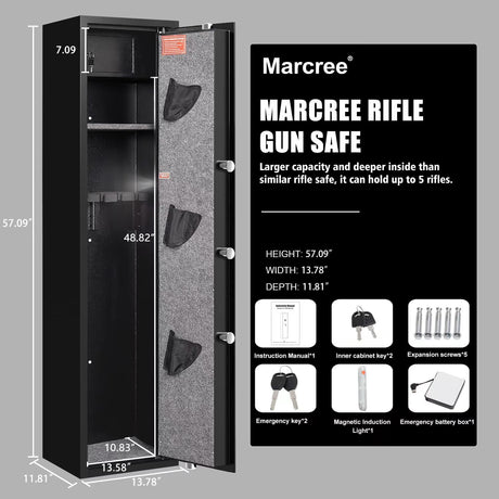 Marcree Biometric Fingerprint Rifle Gun Safe, Quick Access 5-Gun Cabinet Fingerprint Long Gun Safe, Gun Safes for Rifles and Shotguns with Mute Function, 3 Pistol Bags, Pistol Lock Box Marcree
