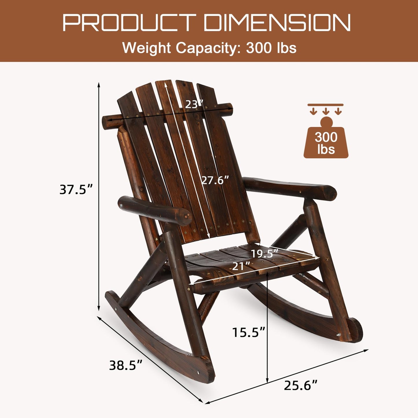 HOMEDIARY Wooden Adirondack Rocking Chair, Patio Log Rocker Outdoor Lounge Chair with Slatted Wooden Design, High Fanned Back & Classic Rustic Style for Garden Patio Backyard Porch, Carbonized